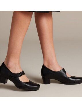 Clarks Unstructured Damson Vibe Black Leather Block Heel Mary Jane Sz 7.5M